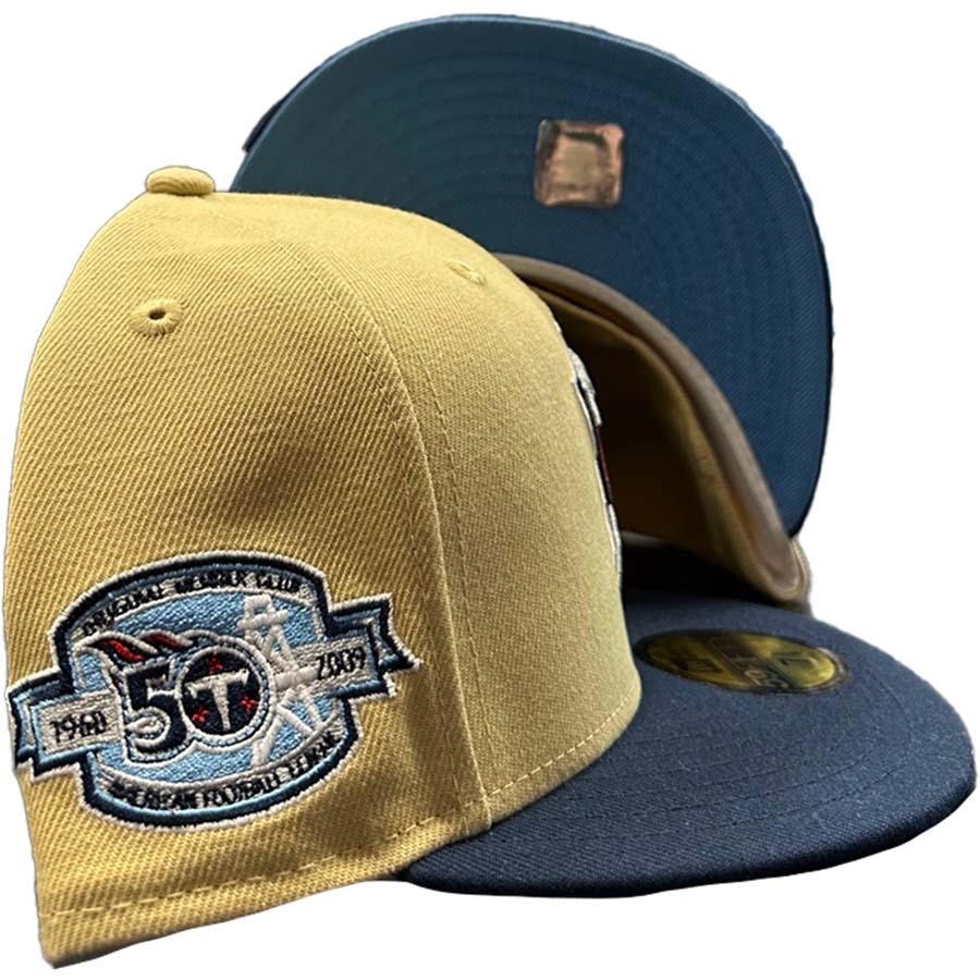 Tennessee Titans Vegas Gold Two Tone 50th Season Patch Light Blue UV 59FIFTY Fitted Hat