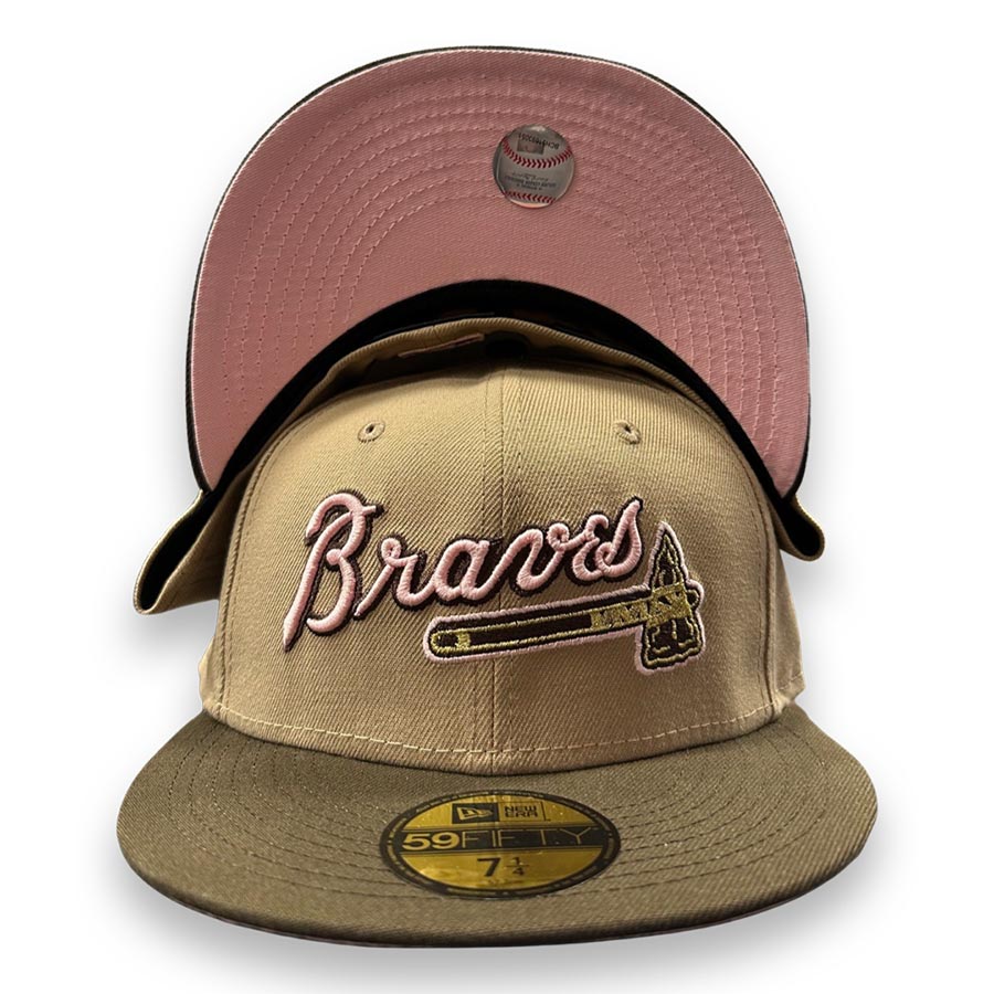 Atlanta Braves Camel Two Tone Script 2021 WS Patch Pink UV 59FIFTY Fitted Hat