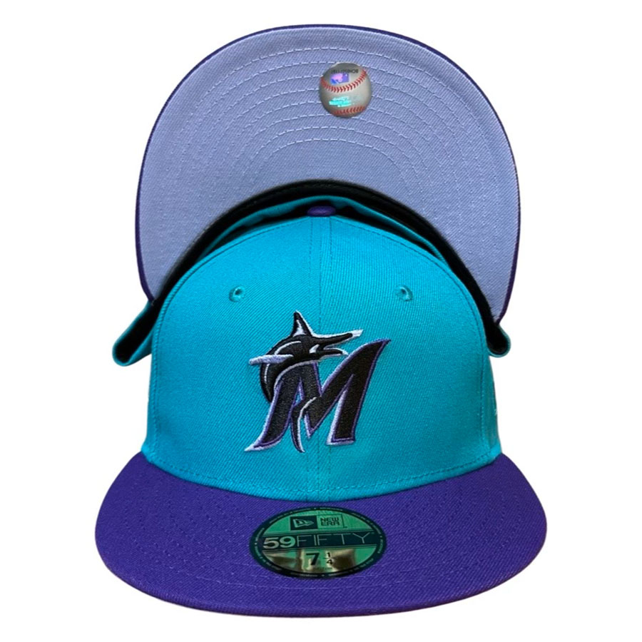 Miami Marlins Teal Two Tone Best Picture Pack 25th Anniversary Patch Lavender UV New Era 59FIFTY Fitted Hat