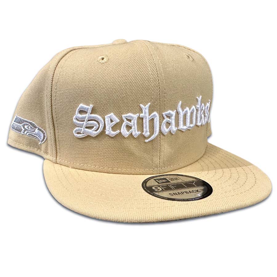 Seattle Seahawks Tan White Gothic Script New Era 9FIFTY Snapback Hat