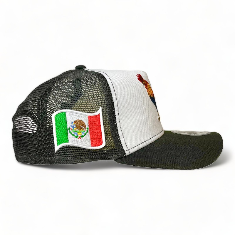 Rooster "El Gallo" Mexico Flag Patch White Black Mesh A-Frame New Era 9FORTY Adjustable Hat