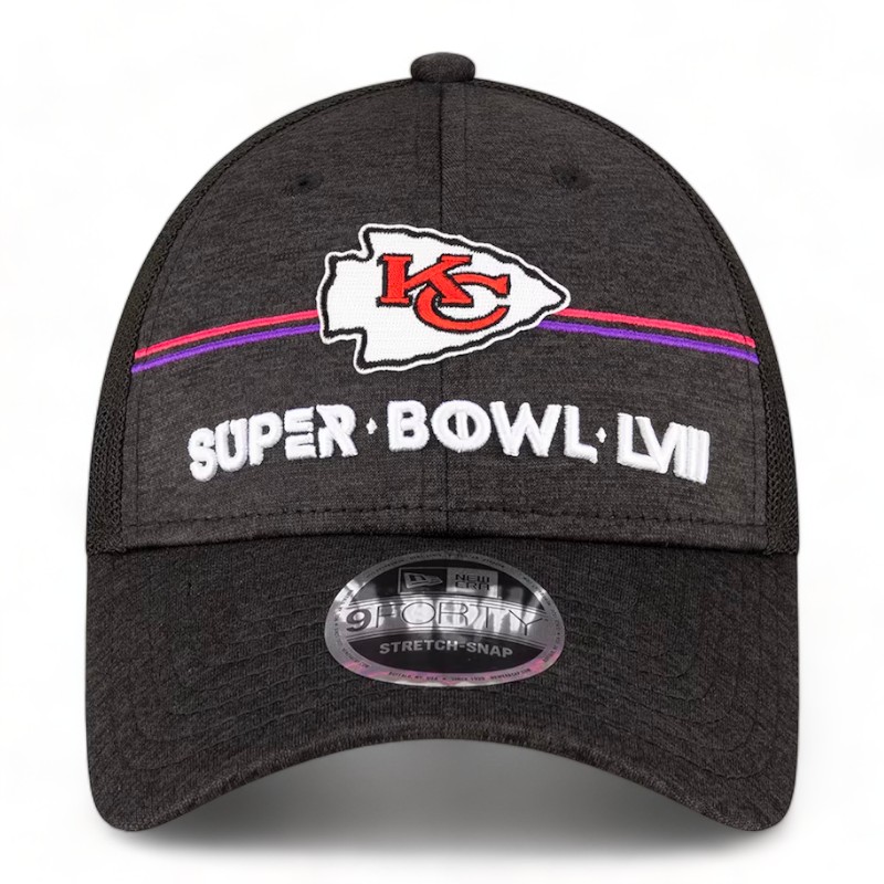 Kansas City Chiefs Heather Black Super Bowl LVIII New Era 9FORTY Trucker Adjustable Hat