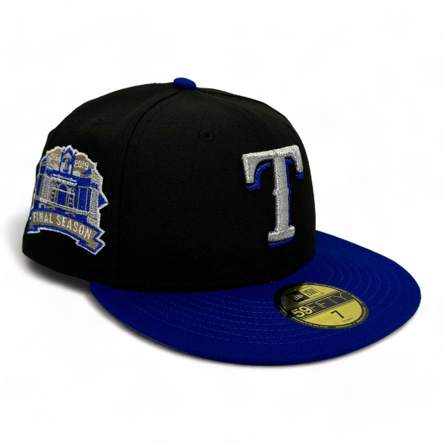 Texas Rangers Black and Blue FHM Pack 2019 Final Season Patch Gray UV New Era 59Fifty Fitted Hat