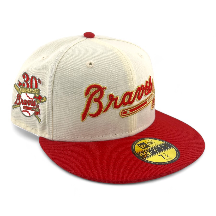 Atlanta Braves Chrome and Red Script Logo 30th Season Patch Olive Green UV New Era 59FIFTY Fitted Hat