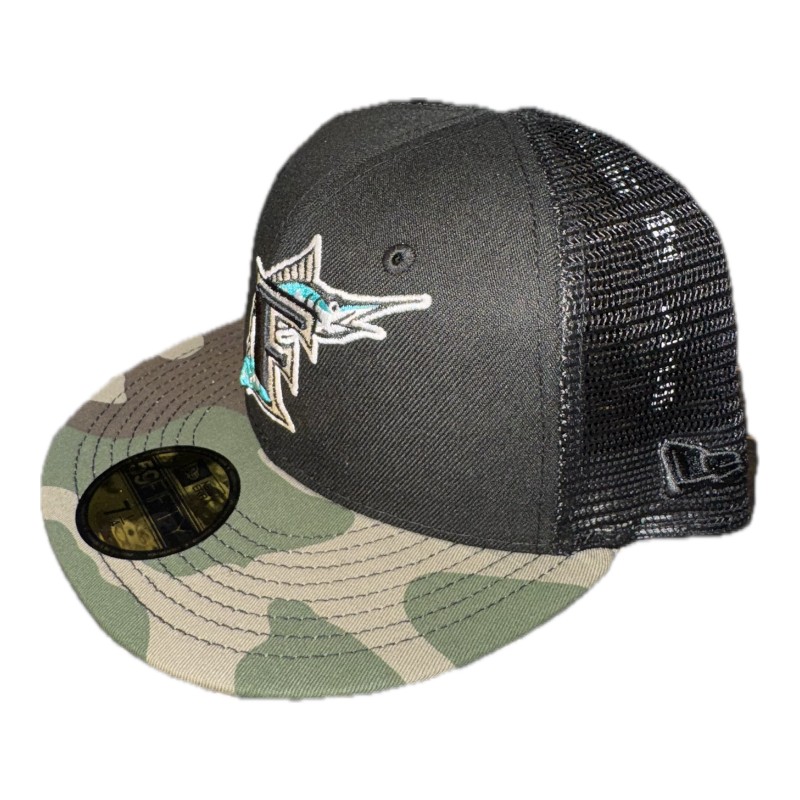 Florida Marlins Black and Woodland Camo Trucker Gray UV New Era 59FIFTY Fitted Hat