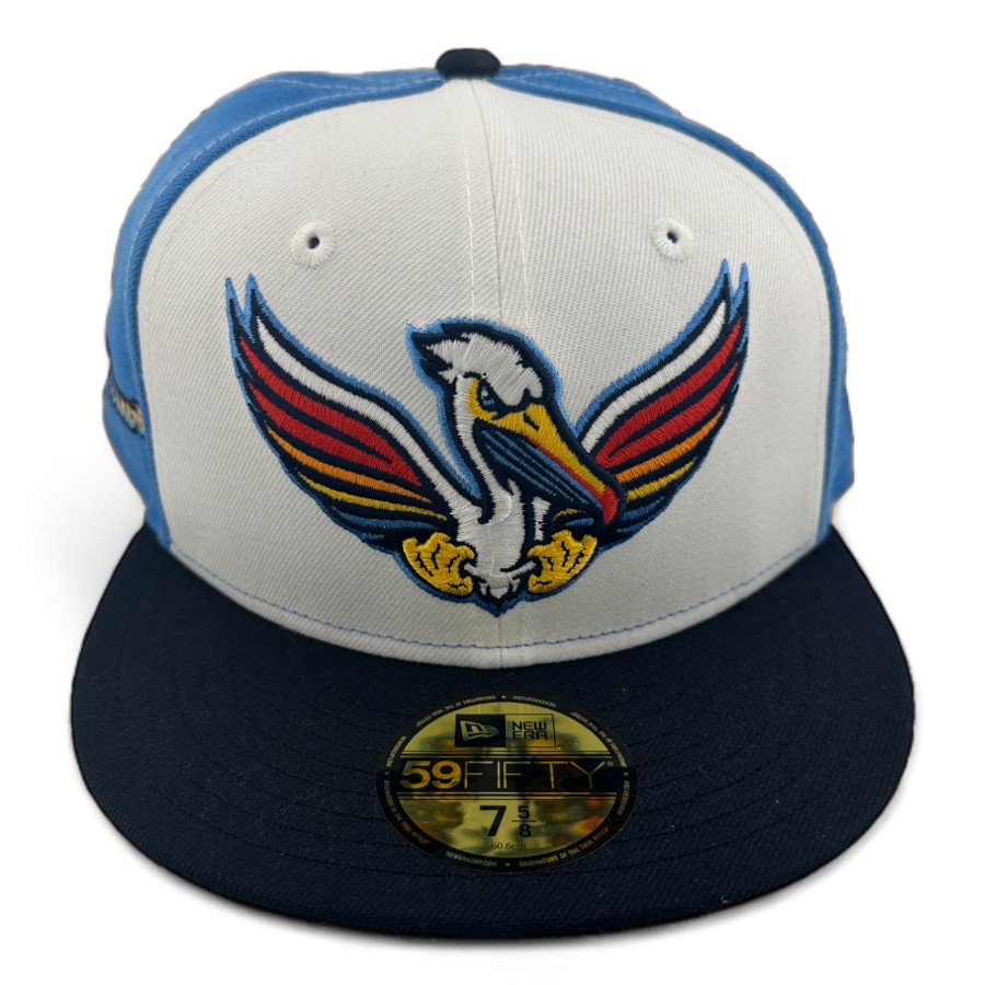 Myrtle Beach Pelicans White and Blue Pelicanos Script Patch Gray UV New Era 59FIFTY Fitted Hat