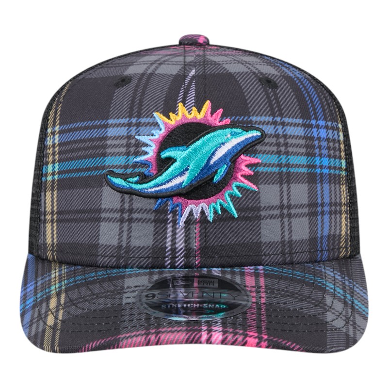 Miami Dolphins 2024 NFL Crucial Catch Plaid New Era 9SEVENTY Trucker Snapback Hat