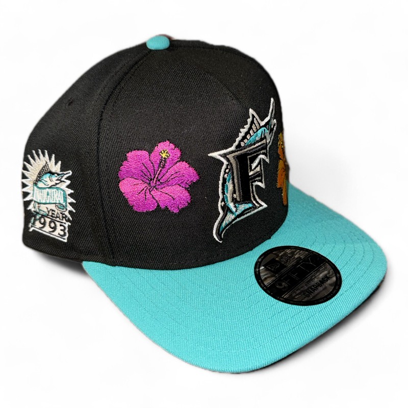 Florida Marlins Black Floral and Teal Inaugural Season Patch Gray UV New Era A-Frame Snapback Hat