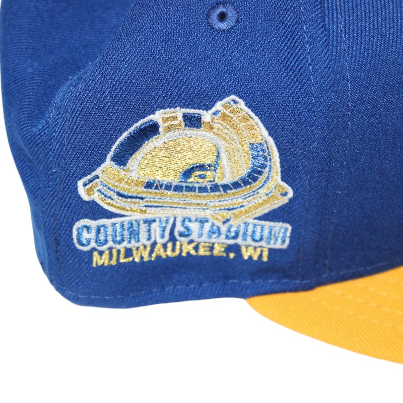 Milwaukee Brewers Blue and Yellow County Stadium Patch Gray UV New Era 59Fifty Fitted Hat