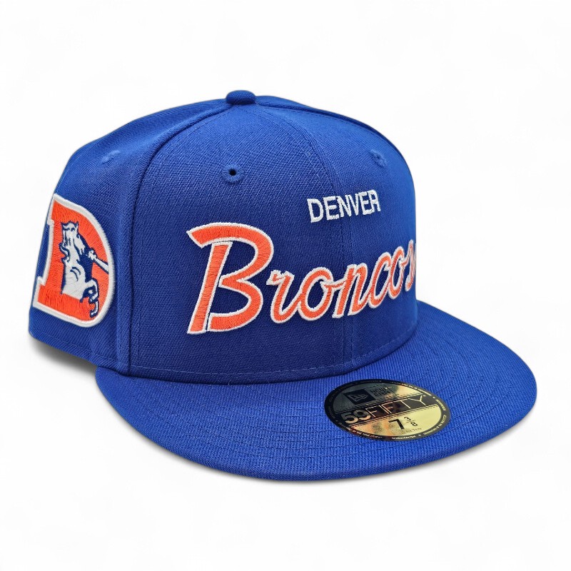 Denver Broncos Majestic Blue Script Leon the Lab Patch Green UV New Era 59FIFTY Fitted Hat