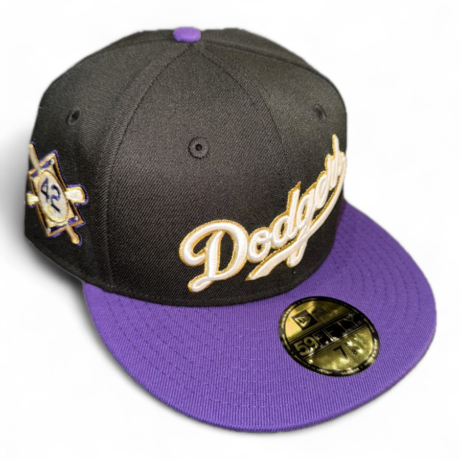 Los Angeles Dodgers Black and Purple Script 42 Patch Gray UV New Era 59FIFTY Fitted Hat