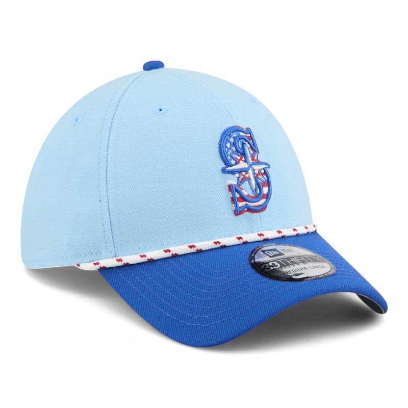 Seattle Mariners Light Blue and 2025 Fourth of July New Era 39THIRTY Flex Hat