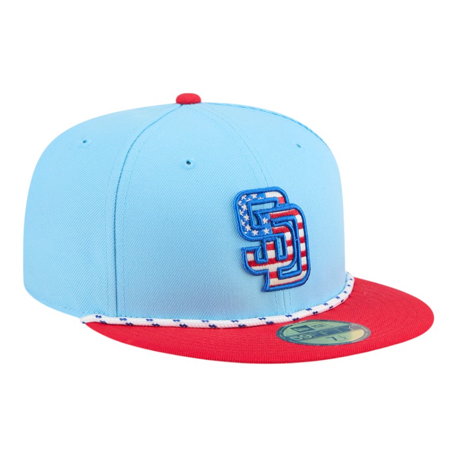San Diego Padres Light Blue and Red 2025 Fourth of July USA New Era 59FIFTY Fitted Hat