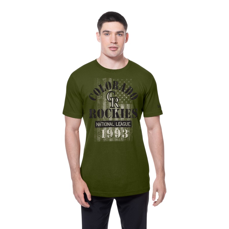 Colorado Rockies Army Green 2025 Armed Forces New Era T-Shirt
