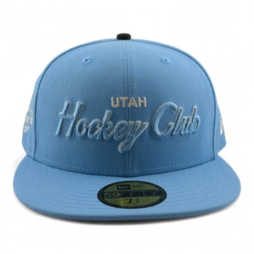 Utah Hockey Club White on Mountain Blue Script Inaugural Patch Gray UV New Era 59FIFTY Fitted Hat