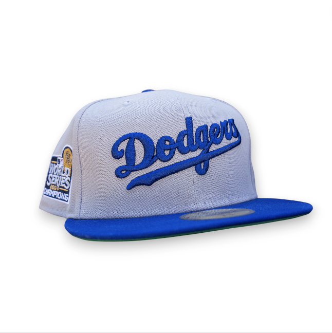 Los Angeles Dodgers Gray Dark Royal 2T Leon the Lab 2024 WS Champions Patch Green UV New Era 59FIFTY Fitted Hat