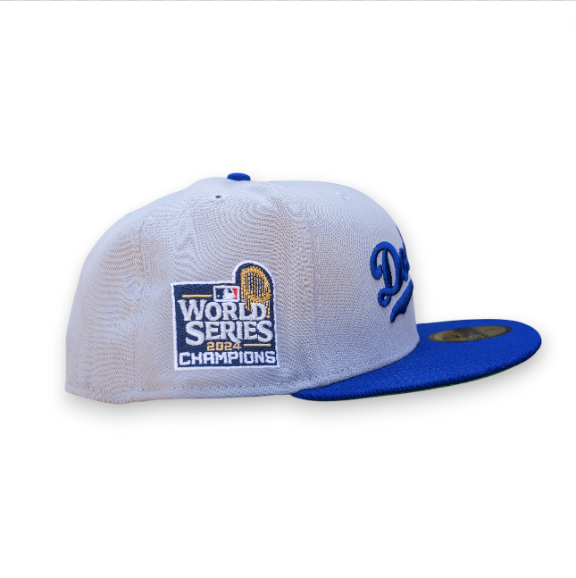 Los Angeles Dodgers Gray Dark Royal 2T Leon the Lab 2024 WS Champions Patch Green UV New Era 59FIFTY Fitted Hat
