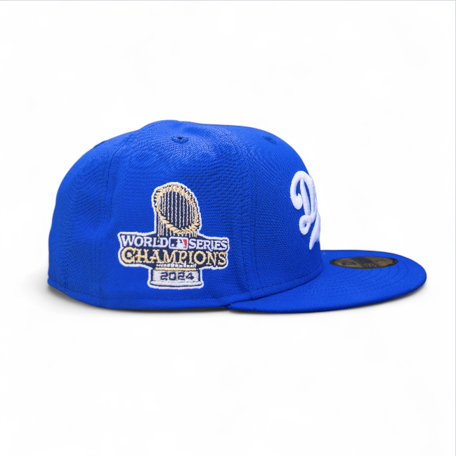 Los Angeles Dodgers Doyers Majestic Blue Leon the Lab 2024 WS Champions Patch Grey UV New Era 59FIFTY Fitted Hat