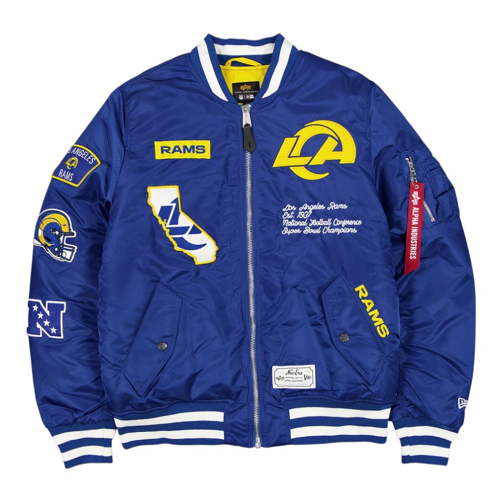 Los Angeles Rams Royal Blue New Era x Alpha Industries MA-1 Full Zip Bomber Jacket