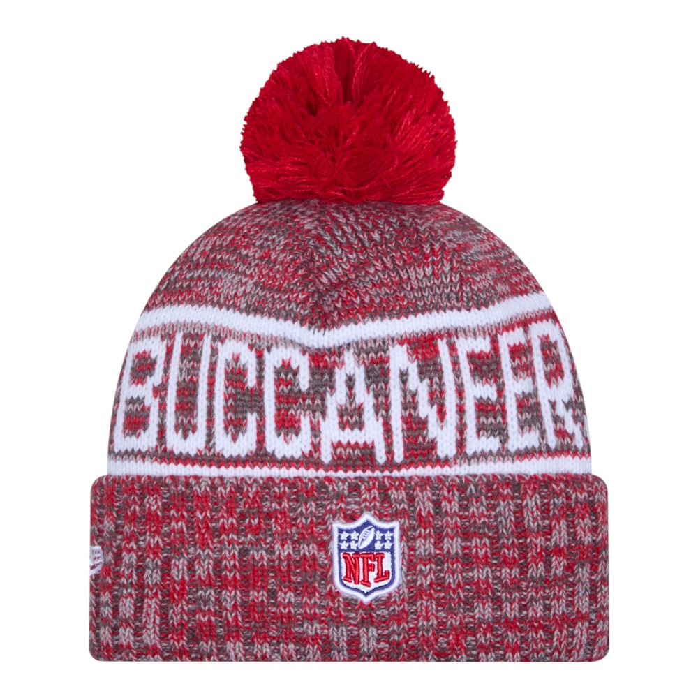Tampa Bay Buccaneers Red 2025 Sideline Cold Weather New Era Cuffed Beanie Knit Hat with Pom