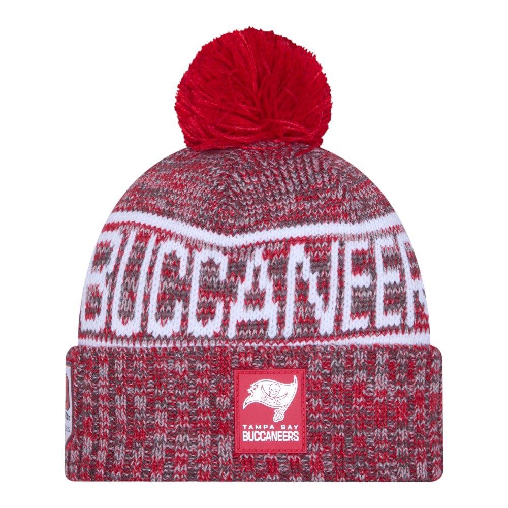 Tampa Bay Buccaneers Red 2025 Sideline Cold Weather New Era Cuffed Beanie Knit Hat with Pom