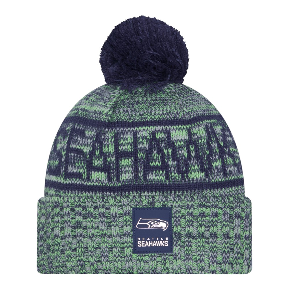 Seattle Seahawks Navy 2025 Sideline Cold Weather New Era Cuffed Beanie Knit Hat with Pom