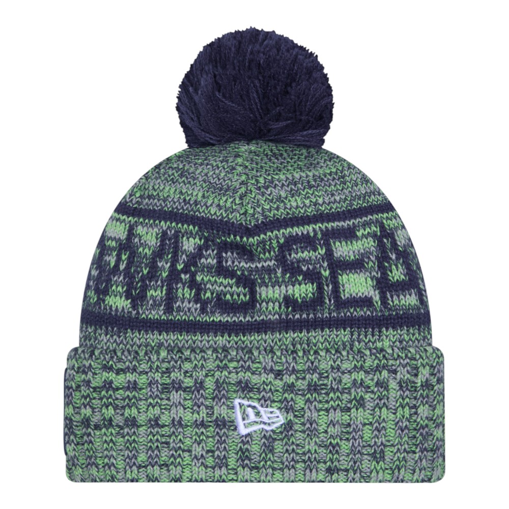 Seattle Seahawks Navy 2025 Sideline Cold Weather New Era Cuffed Beanie Knit Hat with Pom