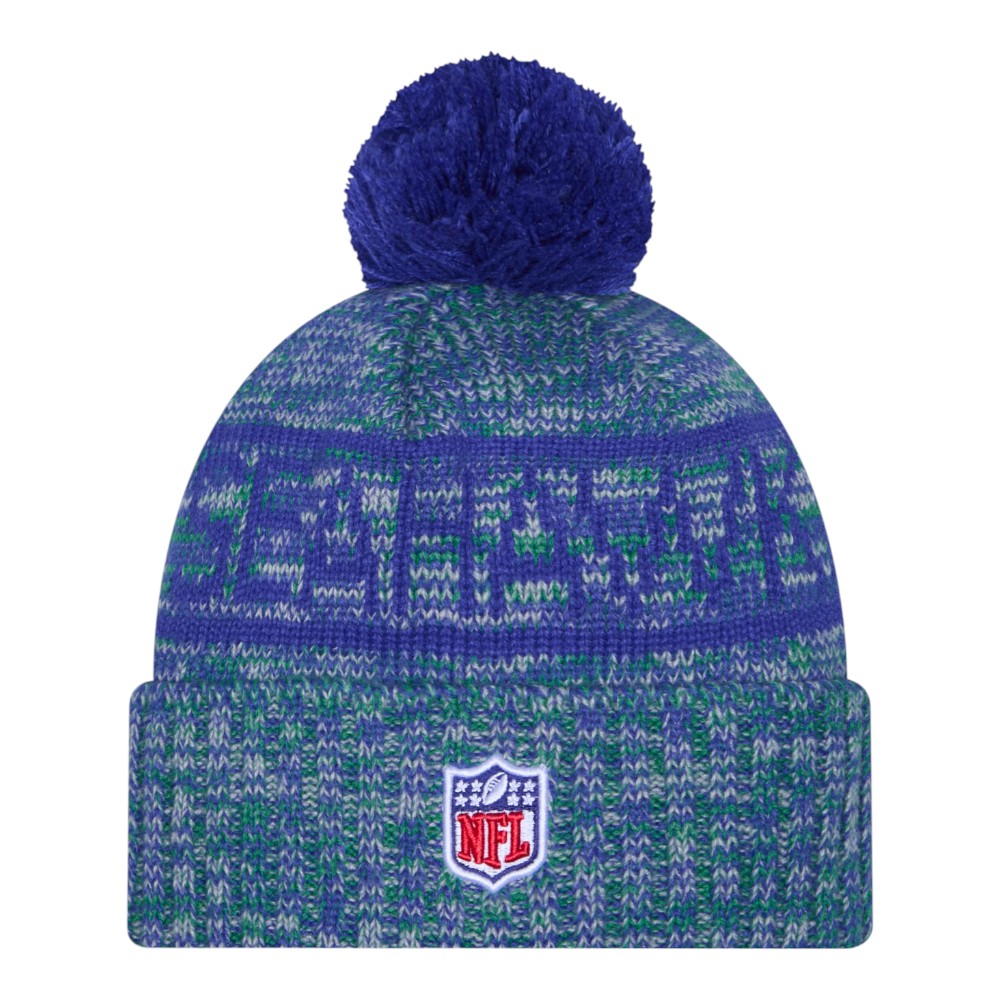Seattle Seahawks Royal Blue Throwback 2025 Sideline Cold Weather New Era Cuffed Beanie Knit Hat with Pom