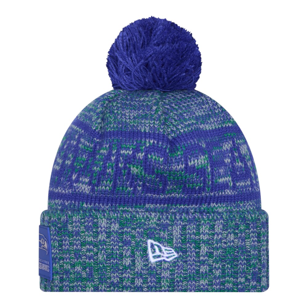 Seattle Seahawks Royal Blue Throwback 2025 Sideline Cold Weather New Era Cuffed Beanie Knit Hat with Pom