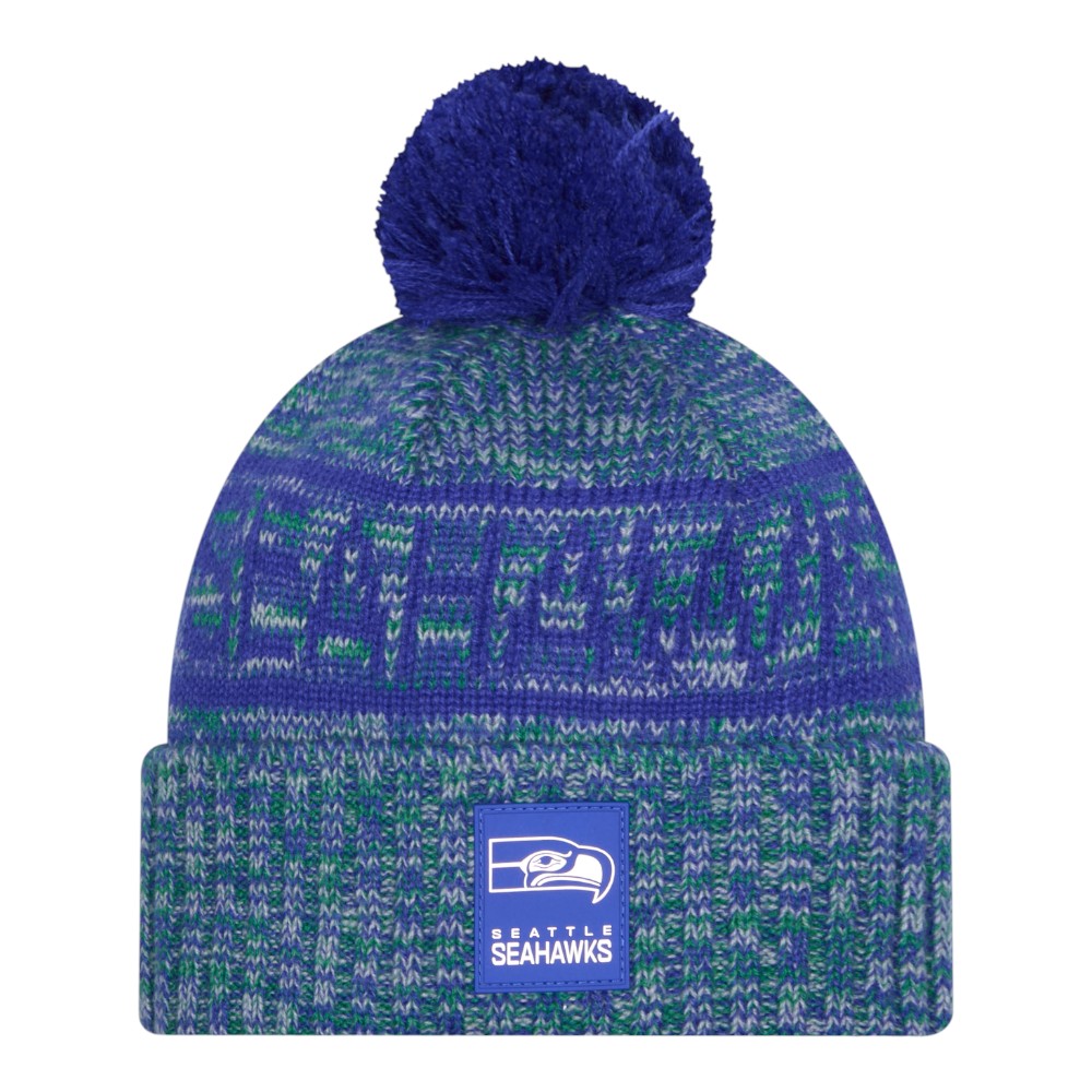 Seattle Seahawks Royal Blue Throwback 2025 Sideline Cold Weather New Era Cuffed Beanie Knit Hat with Pom