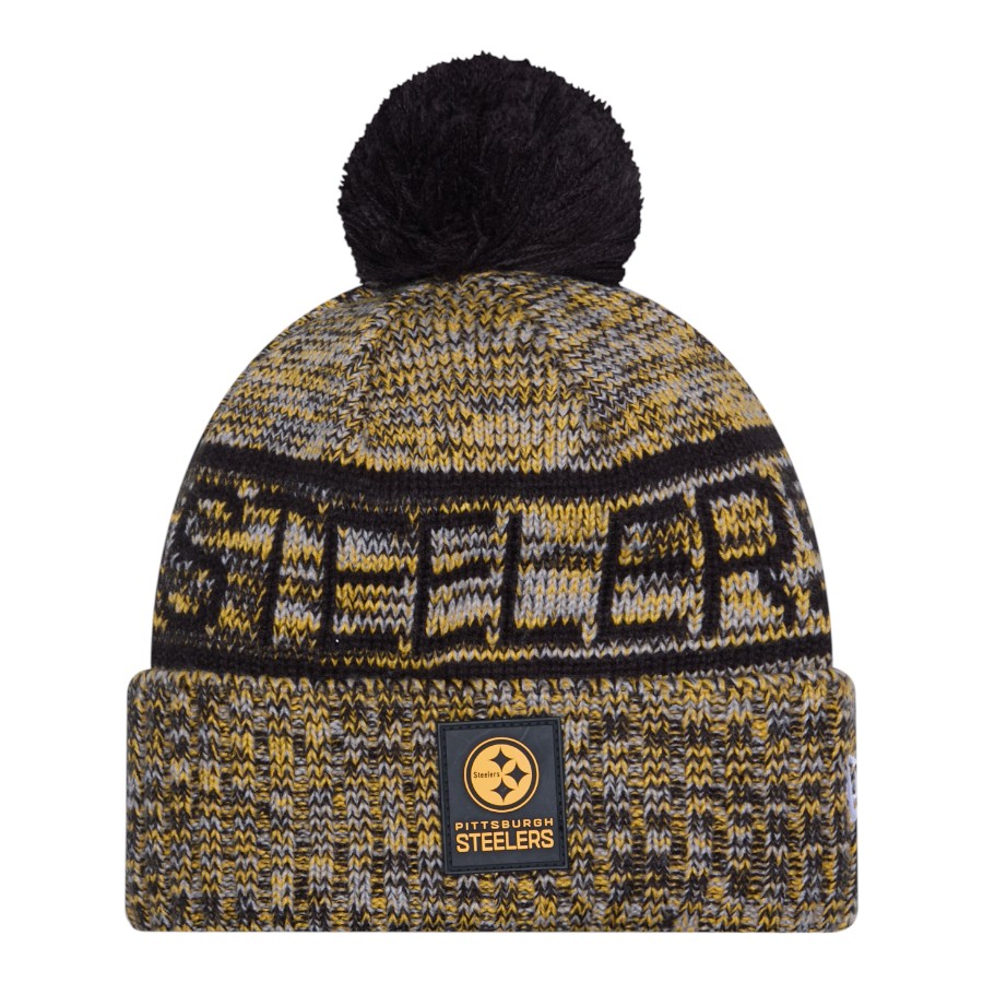 Pittsburgh Steelers Black 2025 Sideline Cold Weather New Era Cuffed Beanie Knit Hat with Pom