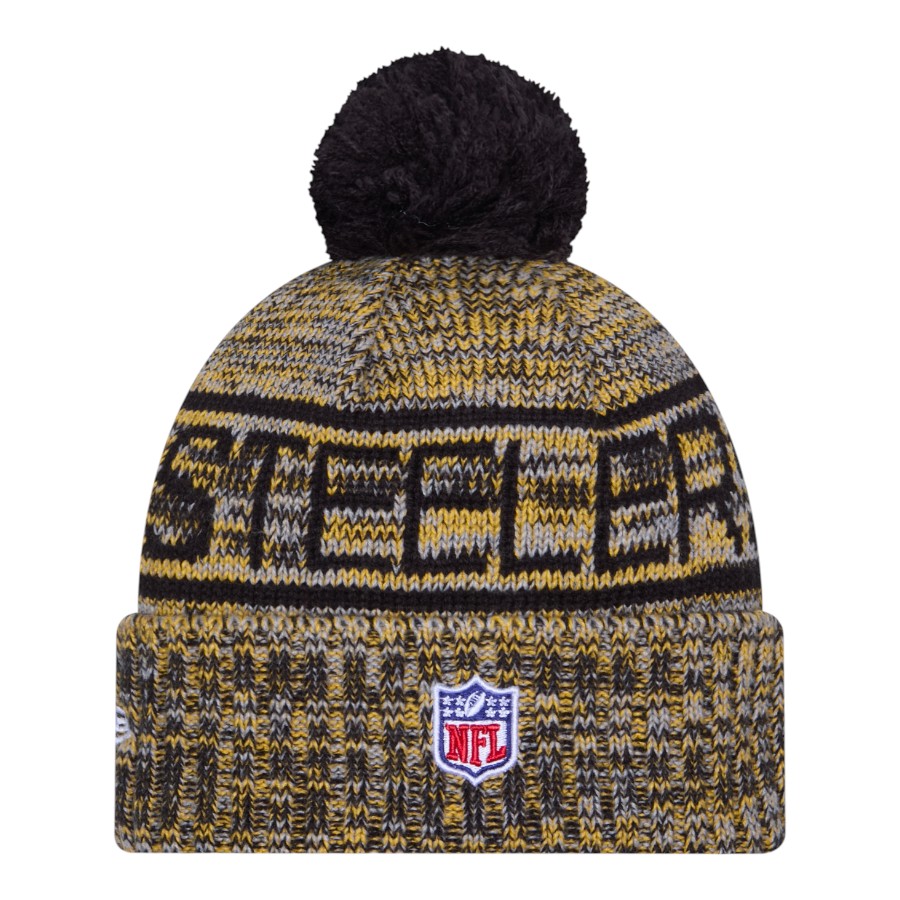 Pittsburgh Steelers Black 2025 Sideline Cold Weather New Era Cuffed Beanie Knit Hat with Pom