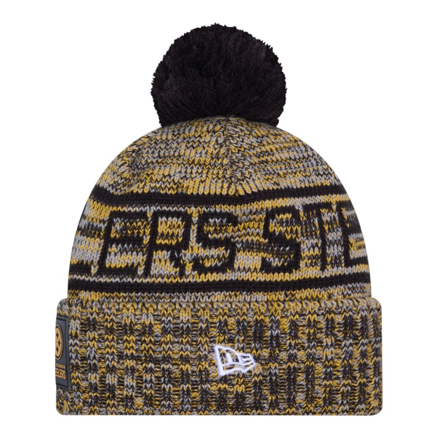Pittsburgh Steelers Black 2025 Sideline Cold Weather New Era Cuffed Beanie Knit Hat with Pom