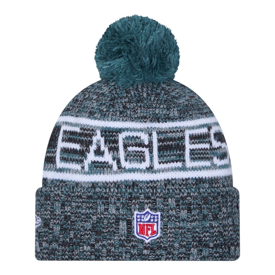 Philadelphia Eagles Midnight Green 2025 Sideline Cold Weather New Era Cuffed Beanie Knit Hat with Pom