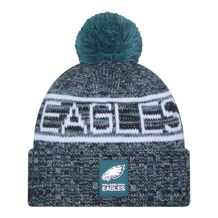 Philadelphia Eagles Midnight Green 2025 Sideline Cold Weather New Era Cuffed Beanie Knit Hat with Pom
