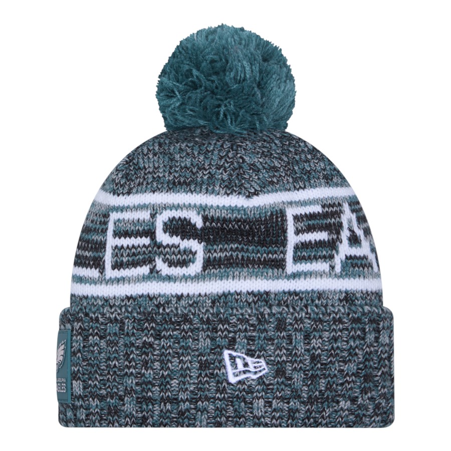 Philadelphia Eagles Midnight Green 2025 Sideline Cold Weather New Era Cuffed Beanie Knit Hat with Pom