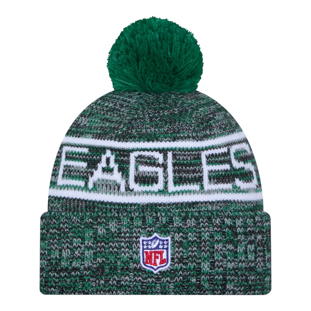 Philadelphia Eagles Kelly Green Throwback 2025 Sideline Cold Weather New Era Cuffed Beanie Knit Hat with Pom