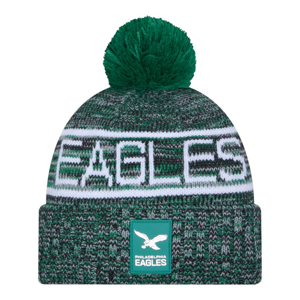 Philadelphia Eagles Kelly Green Throwback 2025 Sideline Cold Weather New Era Cuffed Beanie Knit Hat with Pom