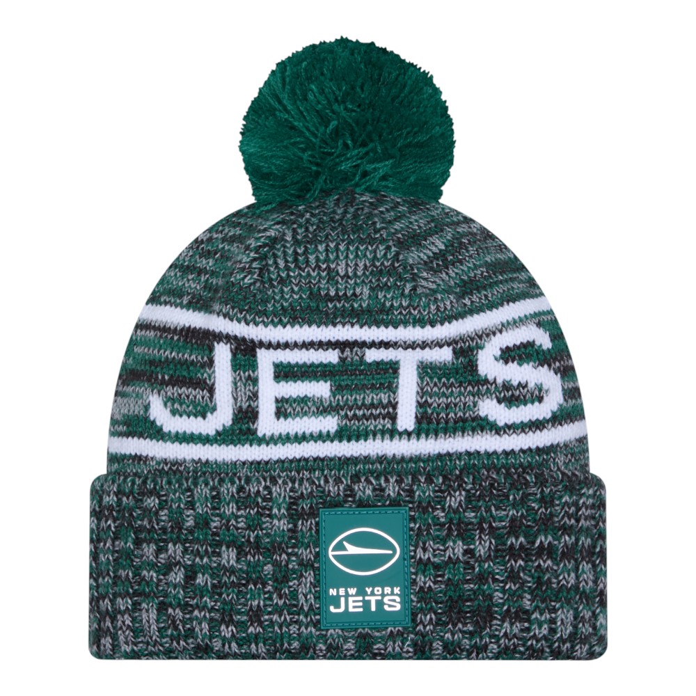 New York Jets Green 2025 Sideline Cold Weather New Era Cuffed Beanie Knit Hat with Pom