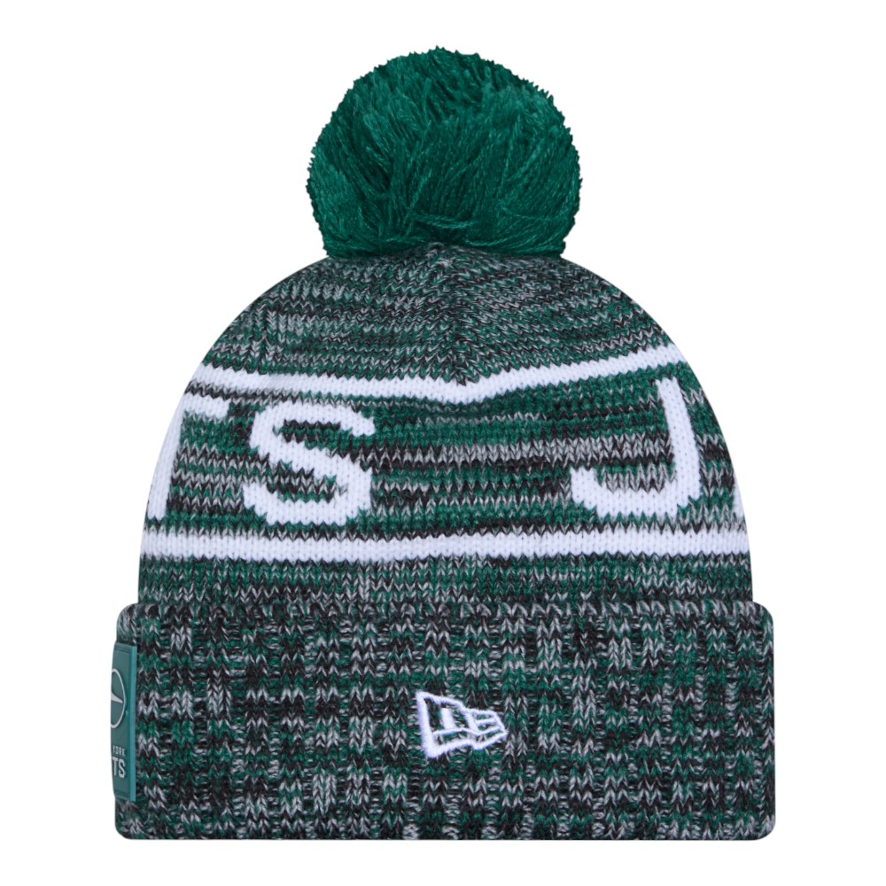 New York Jets Green 2025 Sideline Cold Weather New Era Cuffed Beanie Knit Hat with Pom