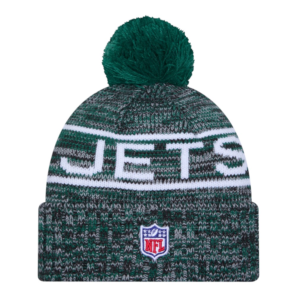 New York Jets Green 2025 Sideline Cold Weather New Era Cuffed Beanie Knit Hat with Pom