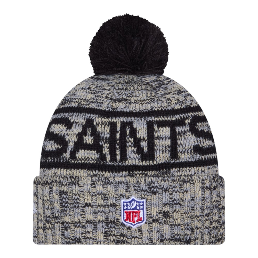 New Orleans Saints Black 2025 Sideline Cold Weather New Era Cuffed Beanie Knit Hat with Pom