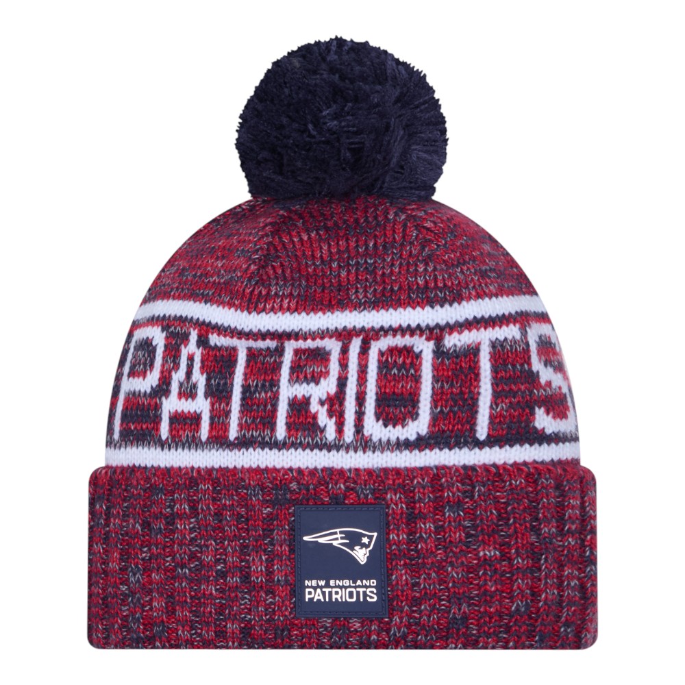 New England Patriots Red and Navy 2025 Sideline Cold Weather New Era Cuffed Beanie Knit Hat with Pom