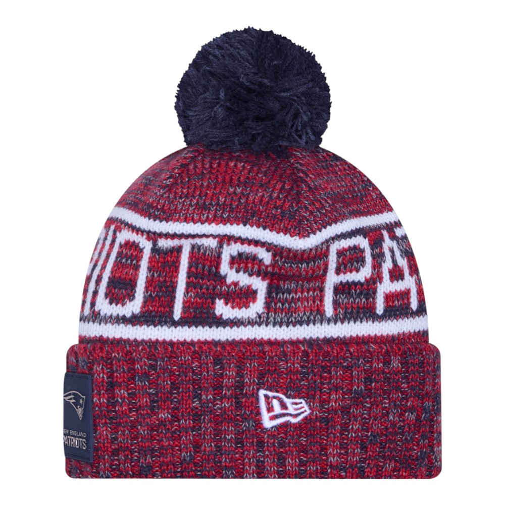 New England Patriots Red and Navy 2025 Sideline Cold Weather New Era Cuffed Beanie Knit Hat with Pom