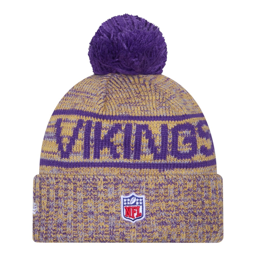 Minnesota Vikings Yellow and Purple 2025 Sideline Cold Weather New Era Cuffed Beanie Knit Hat with Pom