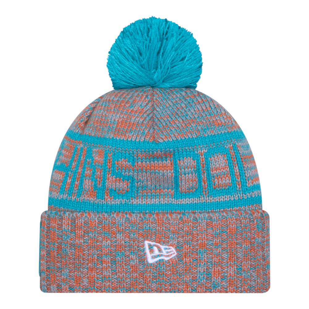 Miami Dolphins Teal and Orange 2025 Sideline Cold Weather New Era Cuffed Beanie Knit Hat with Pom