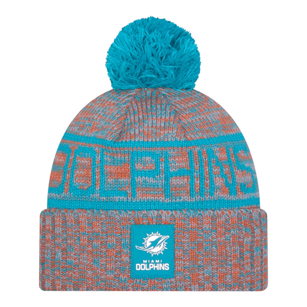 Miami Dolphins Teal and Orange 2025 Sideline Cold Weather New Era Cuffed Beanie Knit Hat with Pom