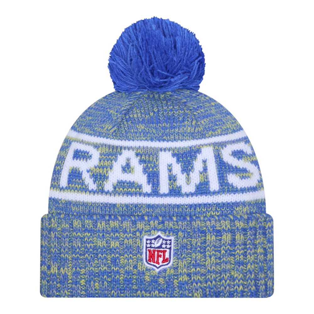 Los Angeles Rams Royal 2025 Sideline Cold Weather New Era Cuffed Beanie Knit Hat with Pom