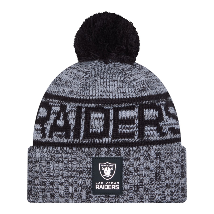 Las Vegas Raiders Black 2025 Sideline Cold Weather New Era Cuffed Beanie Knit Hat with Pom