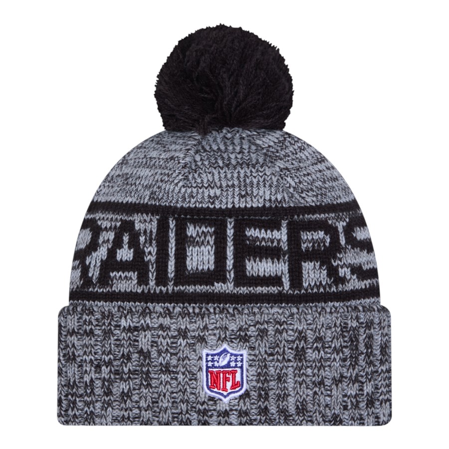 Las Vegas Raiders Black 2025 Sideline Cold Weather New Era Cuffed Beanie Knit Hat with Pom